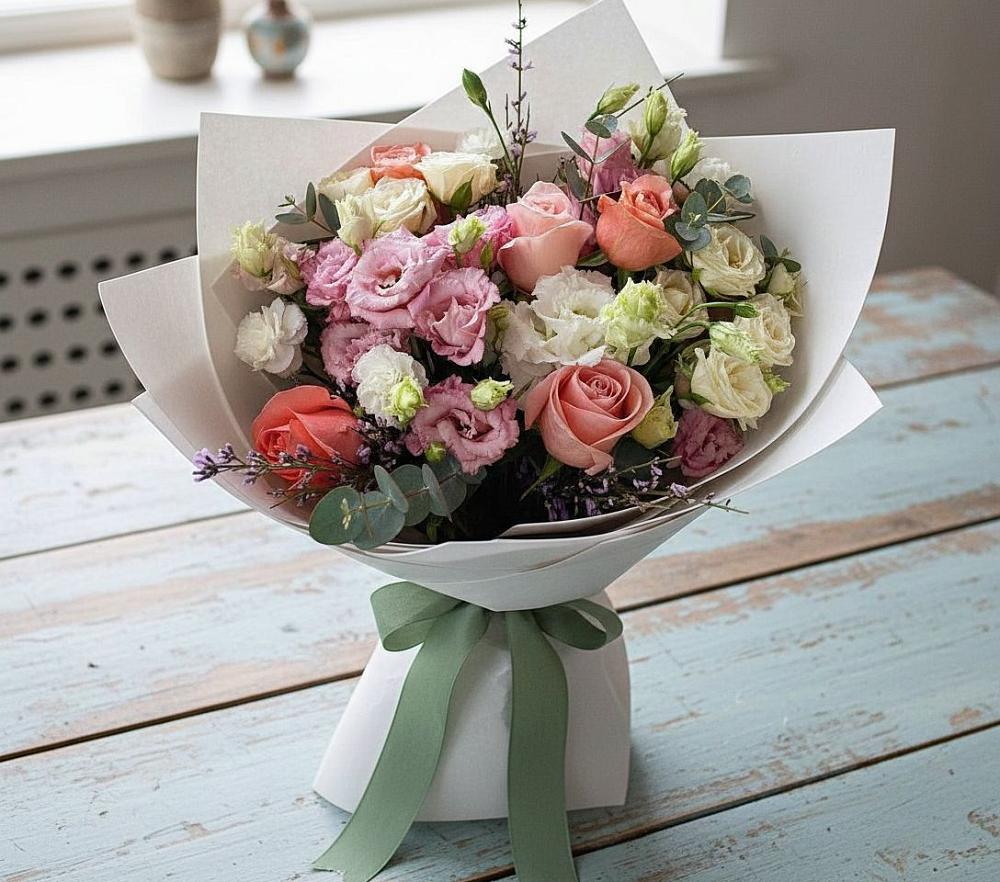 Букет цветов из: Розы, Лизиантусы и Гвоздики в Киржаче