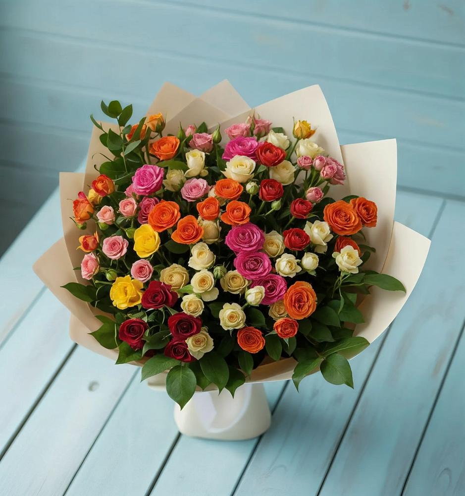 Букет Микс из разноцветных кустовых роз в Киржаче