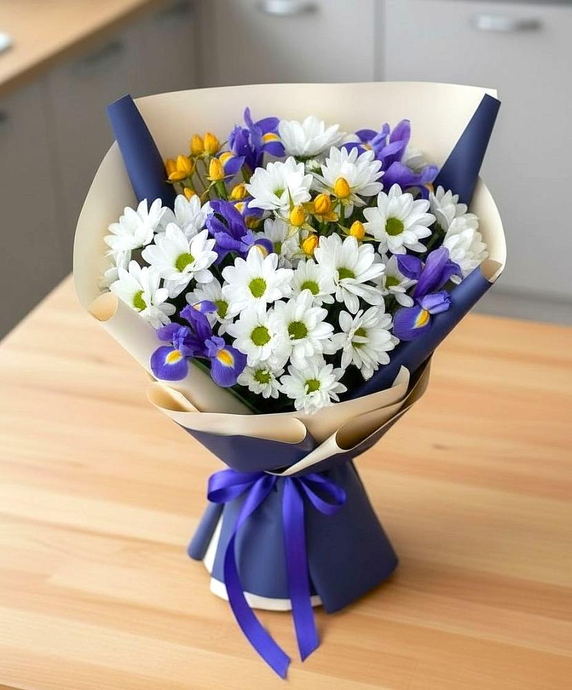Букет цветов из: Розы, Ирисы и Хризантемы в Киржаче